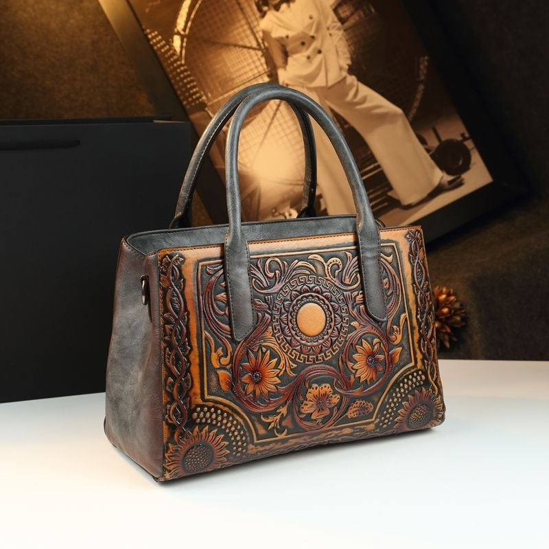 Retro Women's Bag Embossed Flower Tote Bag Genuine Leather New Ethnic Style Single Shoulder Crossbody Bag Large Capacity