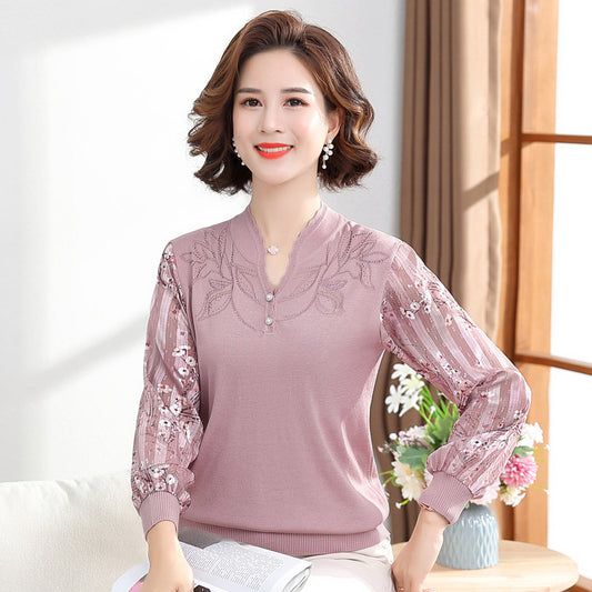 Mother's Spring And Autumn Knitted Tops Western-style Yarn Sleeves Bottom Shirts T-shirts Loose Small Shirts