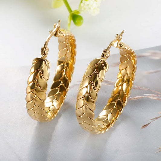 Wheat Ears Shape Twisted Hoop Earrings For Women Vintage Stainless Steel