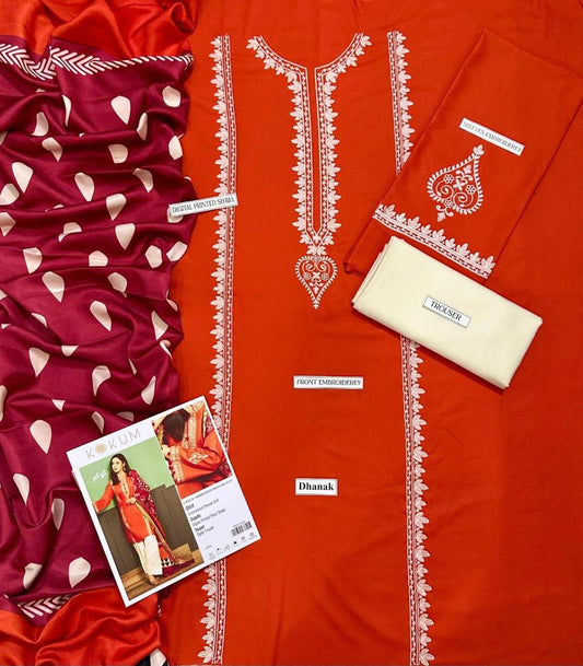 3 Pcs Women's Unstitched Embroidered Suit