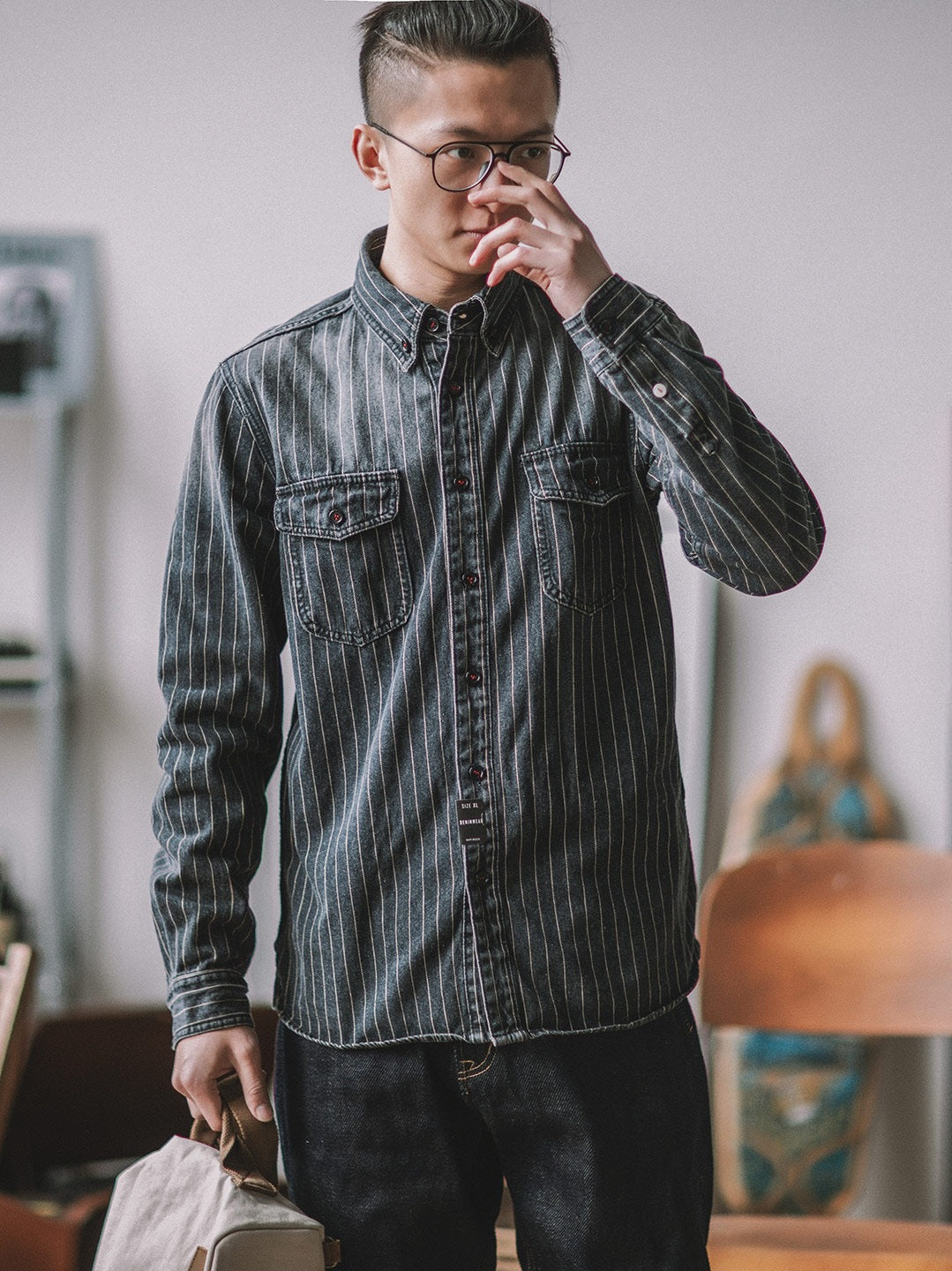 American Style Retro Vertical Stripe Denim Shirt Heavy Ami Khaki Tooling Washed Old Long Sleeve Shirt For Men