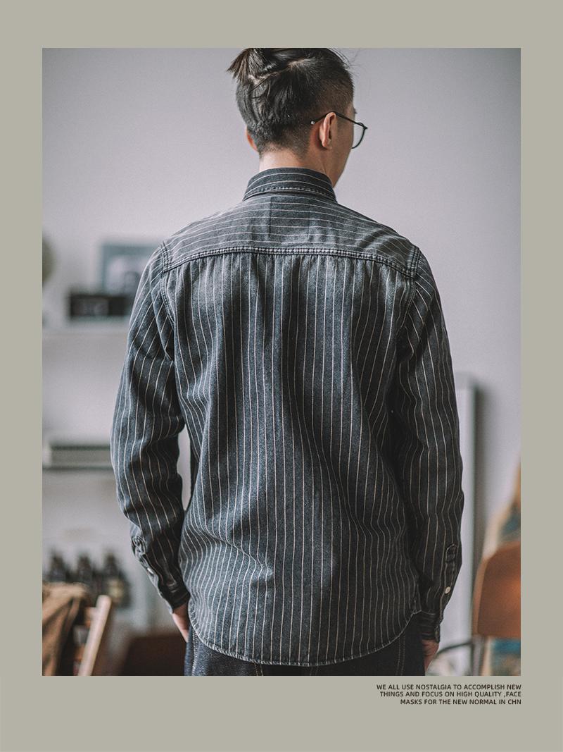 American Style Retro Vertical Stripe Denim Shirt Heavy Ami Khaki Tooling Washed Old Long Sleeve Shirt For Men