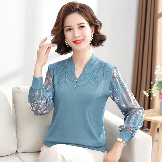 Mother&amp;amp;#039;s Spring And Autumn Knitted Tops Western-style Yarn Sleeves Bottom Shirts T-shirts Loose Small Shirts