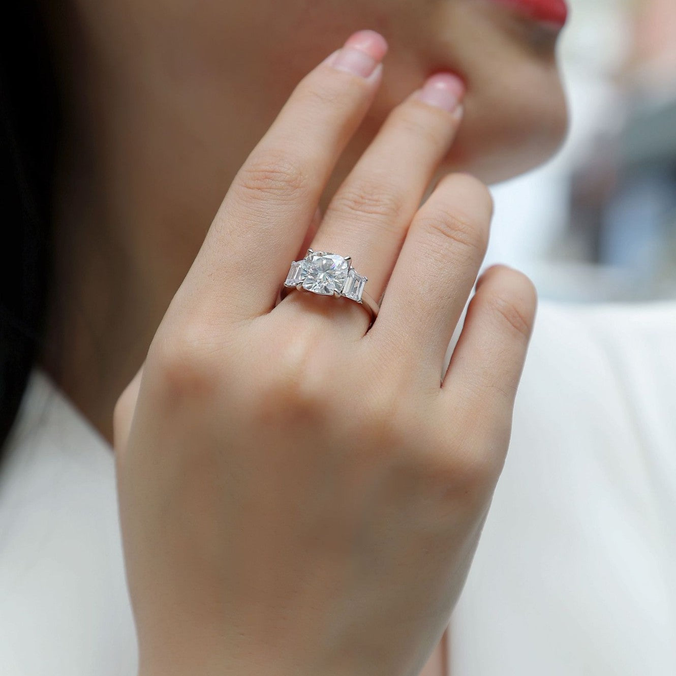Korean And Japanese Style Niche Luxury 925 Silver Trapezoid Ring Moissanite Light Luxury High-End Trapezoid Ring Wedding Ring
